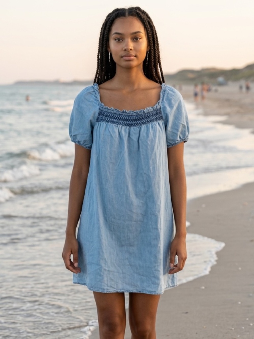 NWOT,ANA Blue Chambray Smocked Puff Sleeve Tunic Dress, BOHO,Cottagecore, XL,